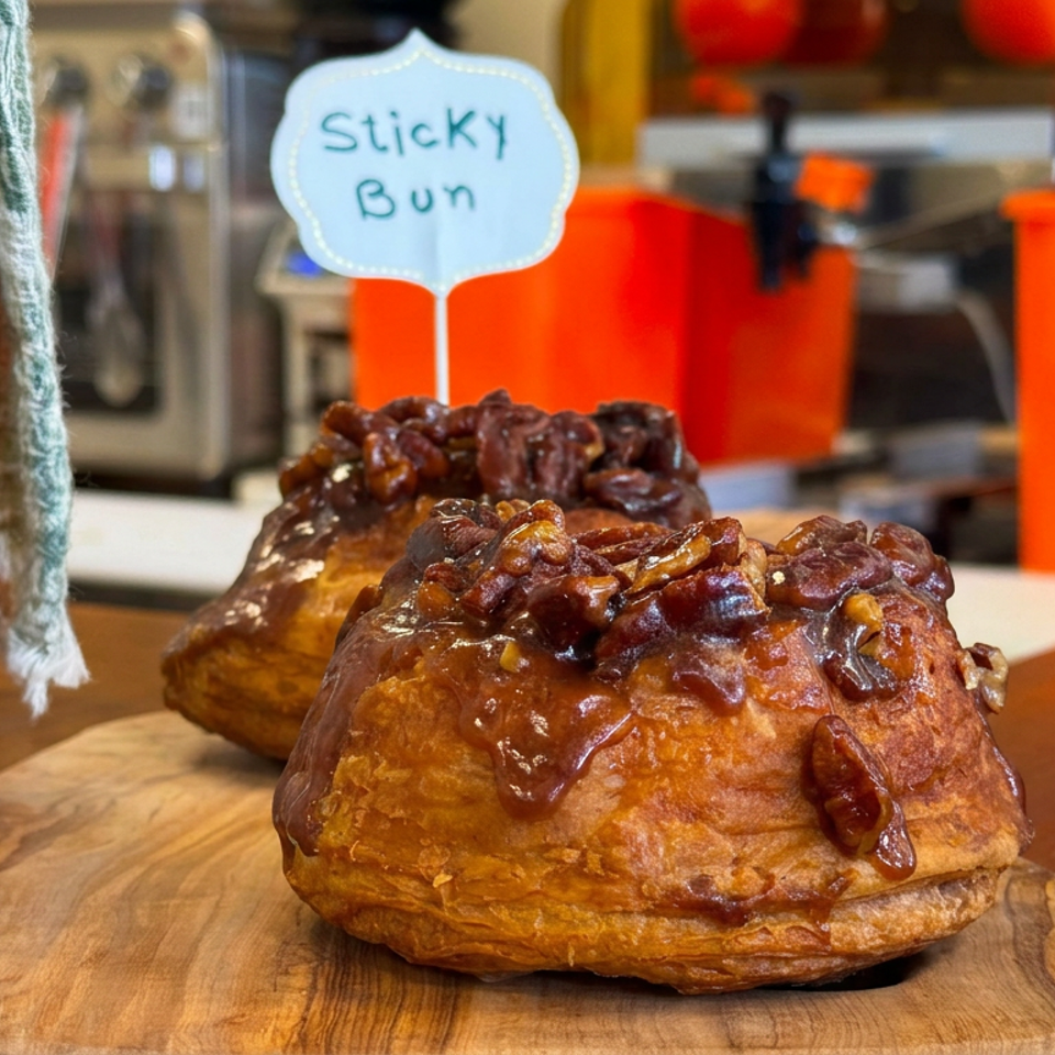 Two golden sticky buns topped with glossy caramel and nuts sit on a wooden board at a bakery counter.