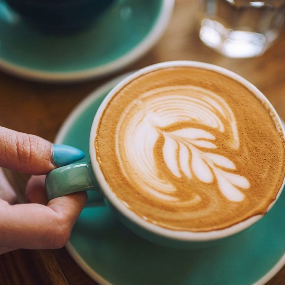 Hand holding a green ceramic cup of latte with leaf-shaped foam art on a matching saucer atop a wooden table.
