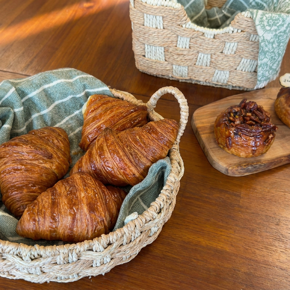 Golden croissants in a woven basket beside glazed pastries on a wooden serving board, with teal cloths and baskets on a restaurant table.