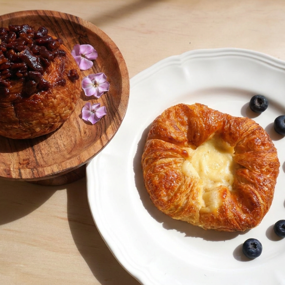 Golden pastries with blueberry garnish, including a cream-filled croissant and nut-topped pastry on wooden and white plates.