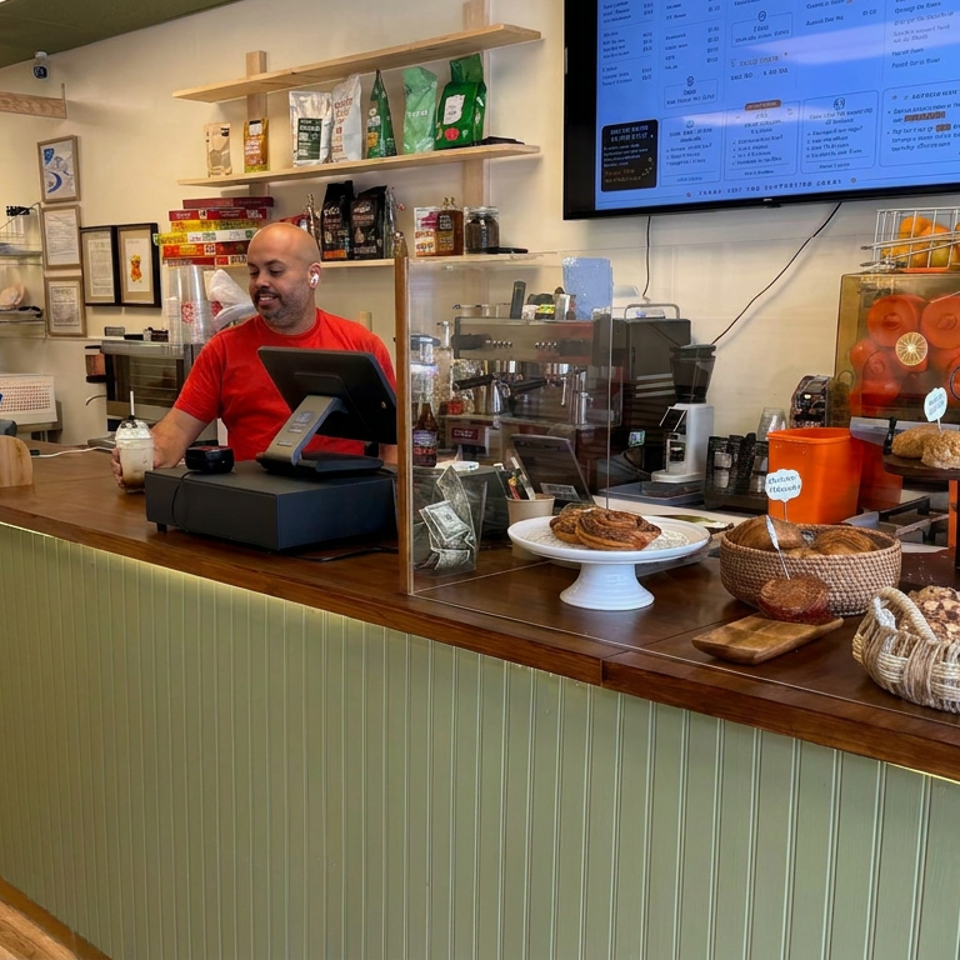 Cafe counter with a smiling barista, espresso machine, pastries, fresh fruit, and shelves of coffee bags.