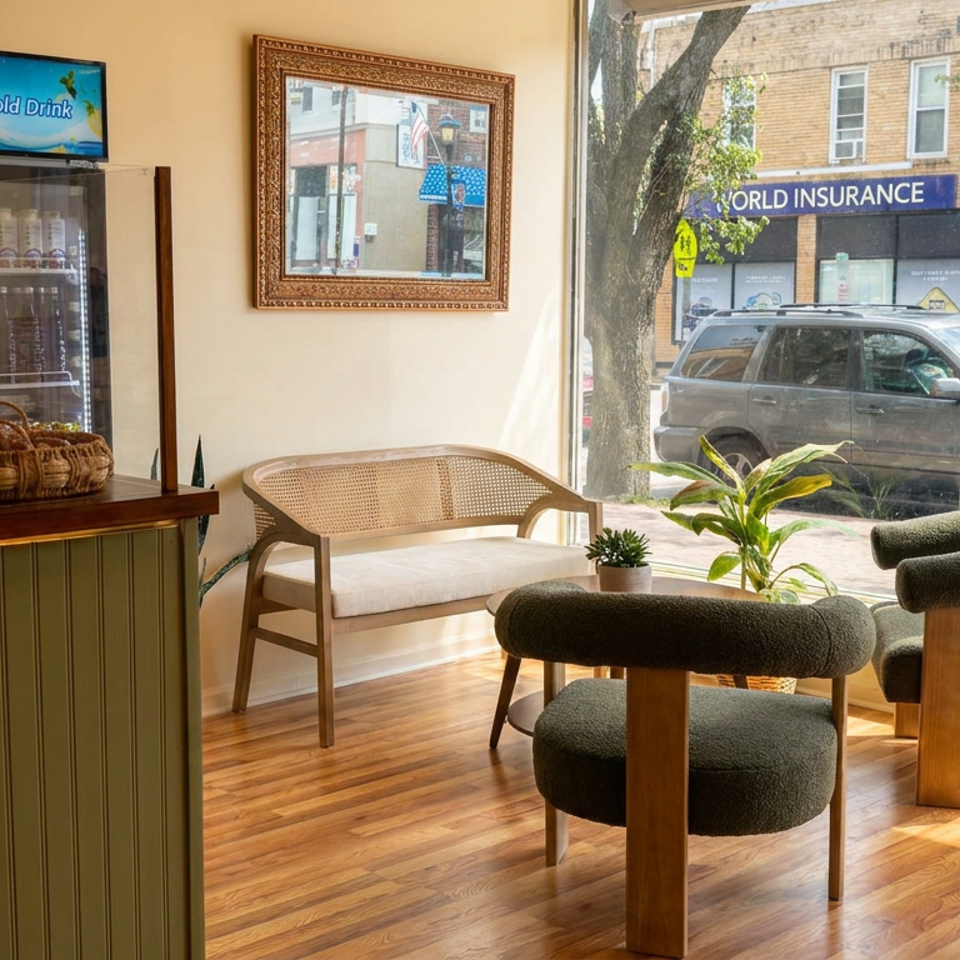 Sunlit restaurant interior with pastries, wicker baskets, display refrigerator, upholstered chairs, plants, and street views through large windows.